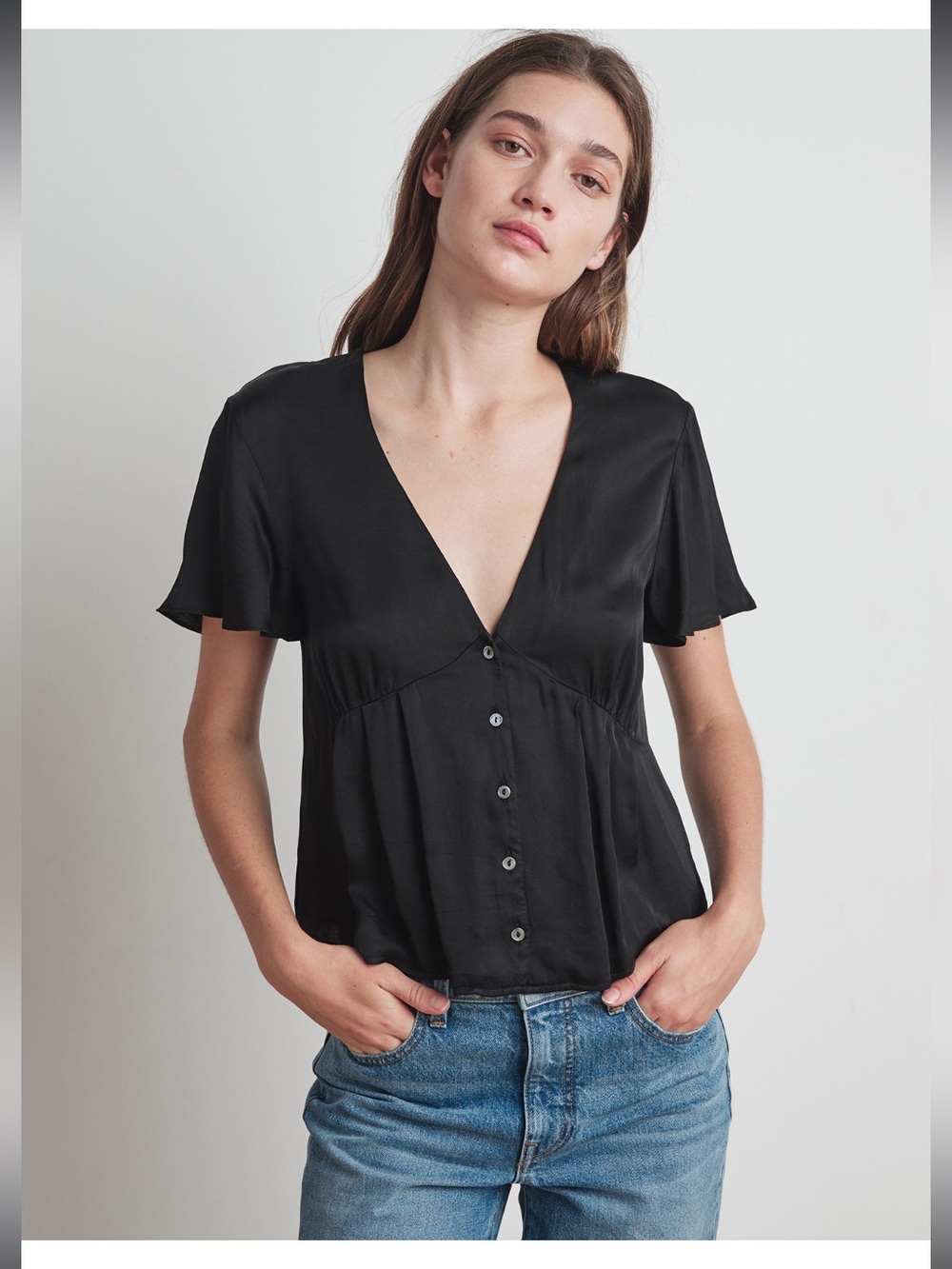 Maisie Button Up Flare Short Sleeve Silk Blouse - Velvet by Graham and Spencer